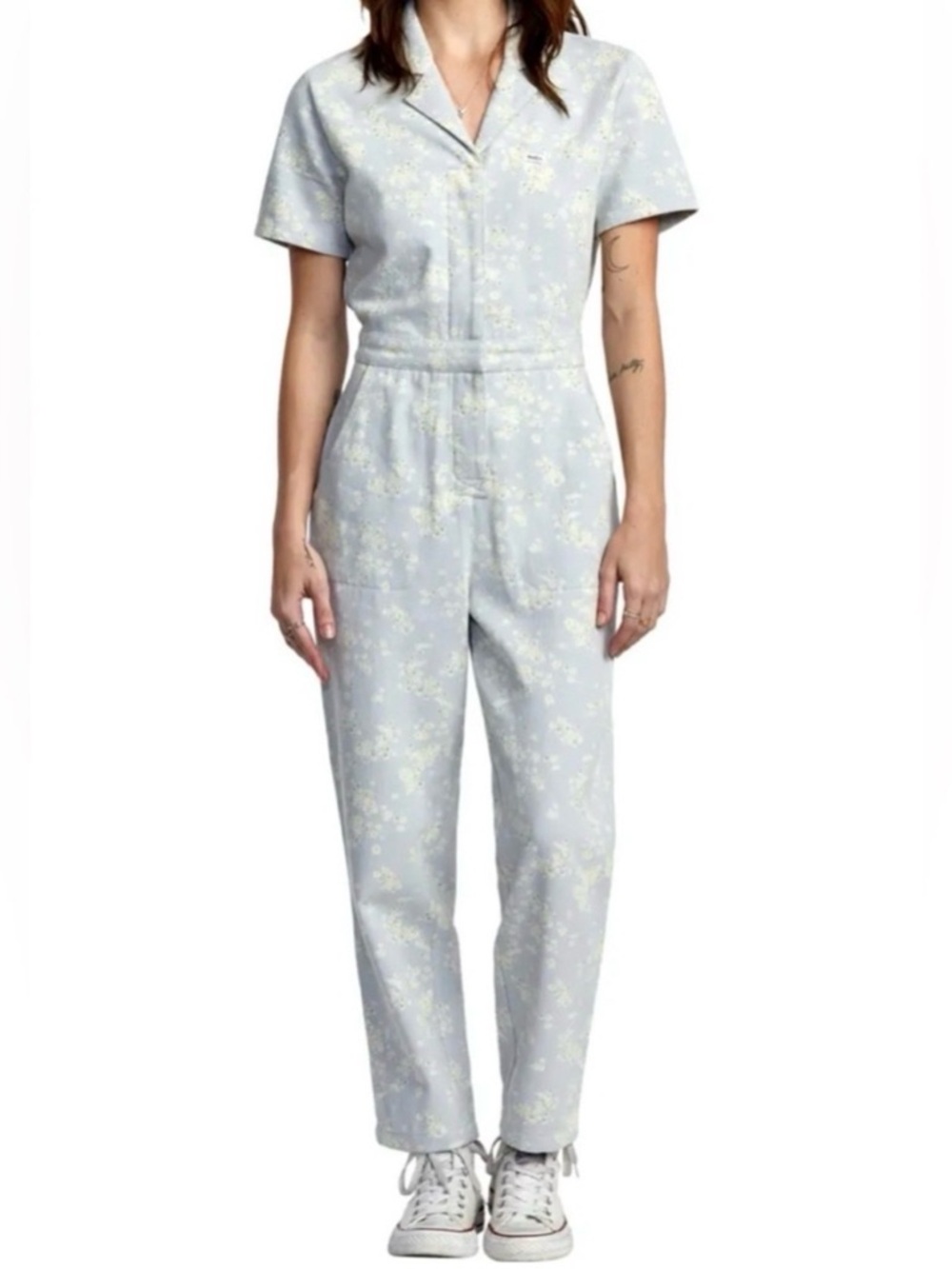 RVCA Light Blue Floral Short Sleeve Jumpsuit